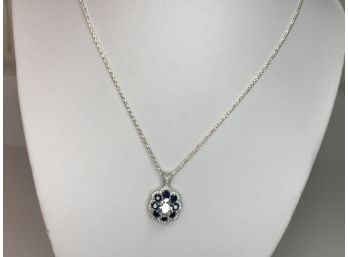 Beautiful 925/ Sterling Silver Necklace With Lovely Sapphire & White Zircon Pendant - Very Expensive Look