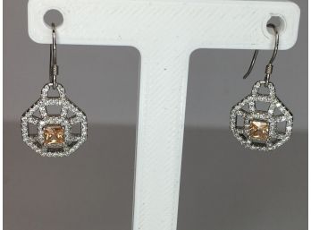 Very Pretty Sterling Silver / 925 Hexagonal Earrings With Padparadscha Topaz And White Zircons - Great Gift