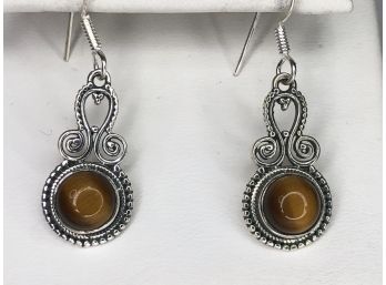 Wonderful 925 / Sterling Silver Earrings With Polished Tiger Eye - Very Pretty Pair - Brand New Never Worn !
