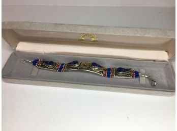 Lovely Sterling Silver Bracelet - Hand Made In Bali - Lapis Lazuli And Coral Beads - Very Nice Piece !