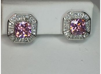 Fabulous Antique / Vintage Sterling Silver / 925 Earrings Pink Tourmaline And Sparkling White Topaz