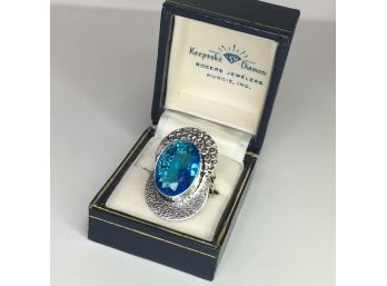 Fabulous Modern Design 925 / Sterling Silver With London Blue Topaz Cocktail Ring - Super Unusual Piece !