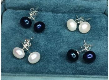 Four (4) Pair Of Genuine Cultured Baroque Pearls - 2 Pair White - Two Pair South Sea - All With Sterling Posts