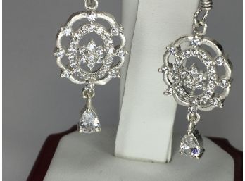 Very Pretty Lacy Earrings - Sterling Silver / 925 Drop Earrings With White Zircons - Brand New Never Worn