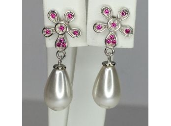 Wonderful Sterling Silver / 925 Earrings With Pink Tourmaline - Zircons & Teardrop Pearl - Never Worn !