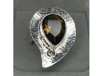 Fantastic 925 / Sterling Silver With Chocolate Brown Topaz Paisley Cocktail Ring - Very Unusual - Great Gift