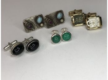 Lot Of 5 Pairs Of Vintage Cuff Links - 3 Pairs Are Sterling Silver - 1 Made From Ladies Watch - 1 Malachite