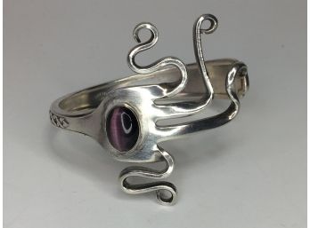 Incredible Vintage Silver Plated Fork Artisan Made Bracelet With Applied Amythyst - Very Well Done - WOW !