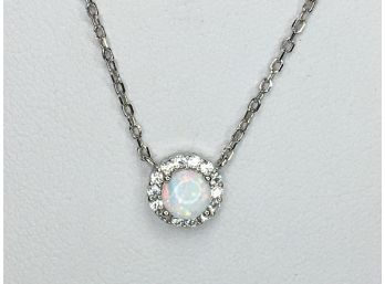 Beautiful 925 / Sterling Silver Necklace With Opal - Encircled With Sparkling White Zircons - New Never Worn