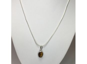 Very Nice Sterling Silver / 925 - 18' Necklace With Polished Tiger Eye Pendant - Nice Piece - New Never Worn