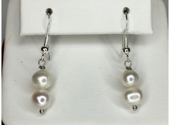 Lovely Brand New Pair 925 / Sterling Silver & Double Pearl Earrings - Brand New - Never Worn - Great Gift !