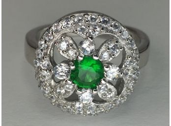 Wonderful Brand New Sterling Silver / 925 Ring With Emerald & Sparkling White Zircons  - Great Gift Idea