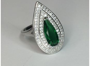 Stunning Sterling Silver / 925 Teardrop Cocktail Ring With Tsavorite And Channel Set White Zircons - Wow !