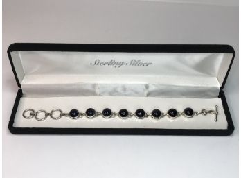 Beautiful 925 / Sterling Silver Toggle Bracelet & With Blue Goldstone - Highly Polished - Hand Made Piece