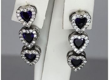 Lovely 925 / Sterling Silver Heart Earrings With Intense Amethyst And White Zircons - Brand New - Unworn !