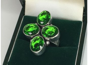 Fantastic 925 / Sterling Silver Cluster Ring With Tsavorite - Hand Done Barked Finish On Ring Band - Nice !