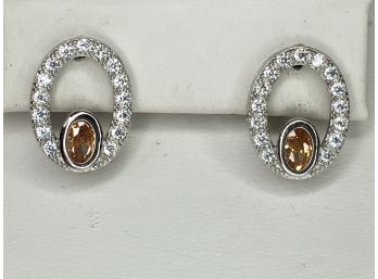 Stunning 925 / Sterling Silver Oval Earrings With Orange And White Topaz - Brand New - Never Worn - New !