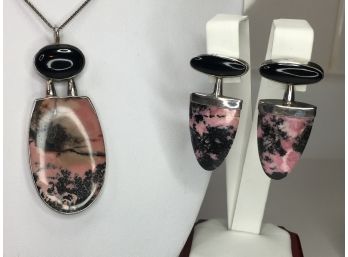 Incredible Sterling Silver / 925 - Onyx And Rhodonite Earrings, Necklace & Pendant - Artist Signed From 1990