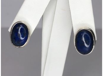 Lovely Sterling Silver / 925 Oval Earrings With Lapis Lazuli - Very Pretty - All Hand Made In Mexico - Nice !