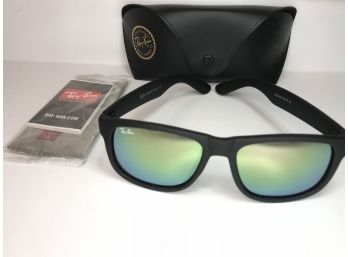 Very Nice Brand New RAY BAN Justin Model - Matte Black Frames With Reflective Color Lenses And Polishing Cloth