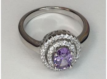 Wonderful Sterling Silver / 925 Ring With Intense Color Amethyst Encircled With Sparkling White Zircons !