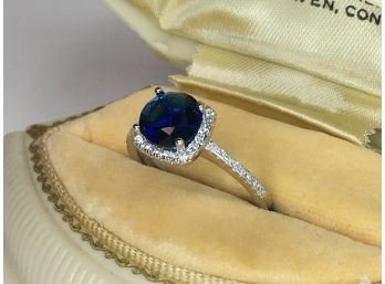 Fabulous Sterling Silver / 925 Ring With Sapphire And Encircled And Channel Set White Zircons - Fantastic !