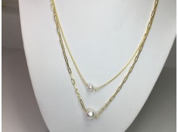 Gorgeous Brand New - Sterling Silver / 925 Necklace With 14K Gold Overlay With Genuine Pearl - Layered Look