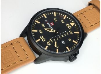 Very Nice Brand New NAVIFORCE Pilots / Aviators Watch - Black With Beige Leather Strap - Nice Watch !