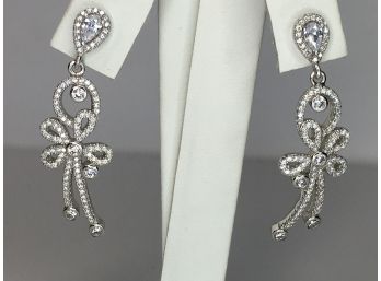 Stunning Sterling Silver / 925 Elegant Ribbon Earrings - VERY Expensive Looking - Encrusted In White Zircons
