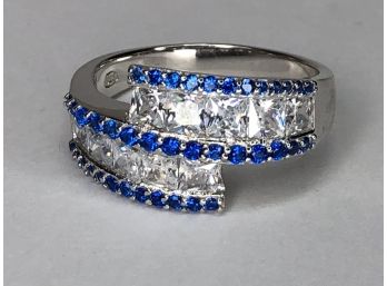 Fantastic 925 / Sterling Silver Bypass Ring With Channel Set Sapphires And Sparking White Topaz - WOW !