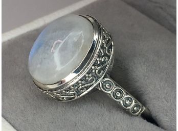 Gorgeous Sterling Silver / 925 Cocktail Ring With Polished Opalite - Very Pretty Silver Details - NICE !