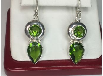 Lovely Sterling Silver / 925 Earrings With Round And Teardrop Peridot - Brand New - Never Worn - NICE GIFT !