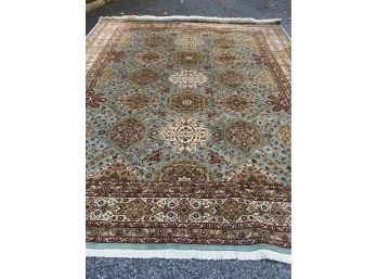 A Vintage  Pretty Green, Cream, Blue, Olive & Burgundy  Hand Knotted Area Rug With Fringe