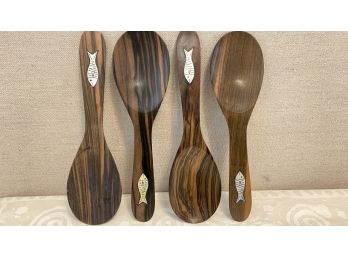 A Group Of FOUR Woodend  Serving Spoons,  Mother Of Pearl Inlay  8' Long