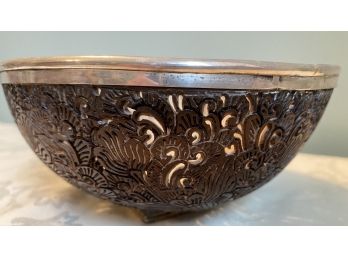 A Philmore  Carved Coconut Shell With Sterling Silver Trim And Base