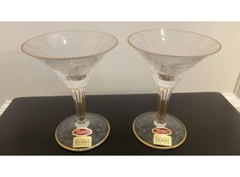 MOSER PAIR Handmade Etched  Miniature  Martini Glasses Czech Republic 3.5'H