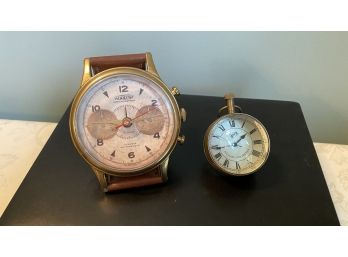 A Group Of  Two Desk Top Alarm Clock By Timeworks  AUREOLE With Leather Stand & Per Mare Per Terram Ball Watch
