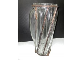 Blown Transparent Glass Vase In Metal Cage