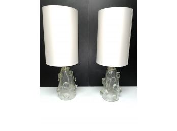 Hand Blown Art Glass Lamps With Cylindrical Shades  - Pair