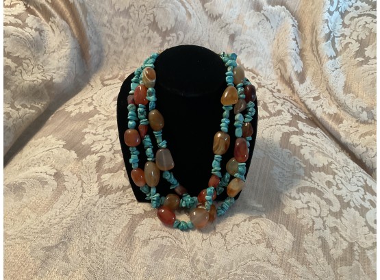Turquoise And Amber Colored Triple Strand Necklace - Lot #1