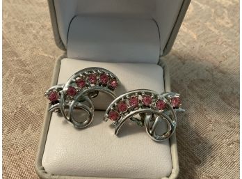 Vintage Silvered And Pink Rhinestone Earrings - Lot #26