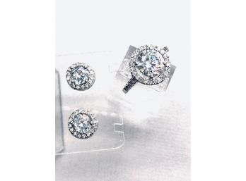 Sparkling 925 Sterling Silver Earring & Ring Set W/ Clear Stones