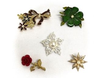 Collection Of 5 Vintage Floral Brooches