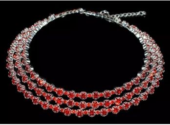Striking Bold Red Triple Strand Rhinestone Necklace