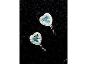 Romantic 18KT White Gold Overlay Heart Stud Earrings W/ Aqua Stones