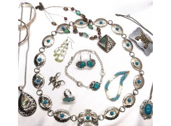 13 Piece Silver & Turquoise Tone Southwestern Style Grouping