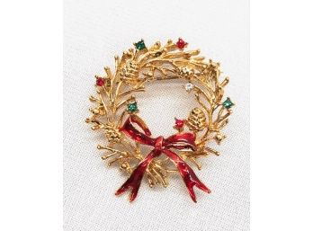 Festive Goldtone Holiday Wreath Brooch