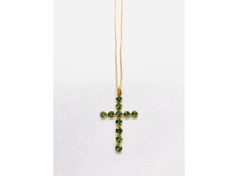 Goldtone Cross On A Chain W/ Green Stones