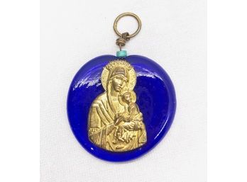 Religious Figural Gold/bronze Overlay On Hand-blown Cobalt Blue Glass - Pendant? Ornament?