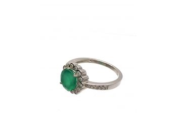 925 Sterling Silver 12.24 CT Green Agate & CZ Ring - Size 7
